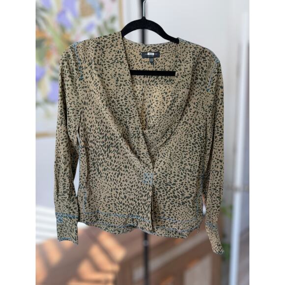 Rag & Bone Shields Leopard Print 100% Silk Blouse with Blue Stitching Size XXS - Picture 7 of 13